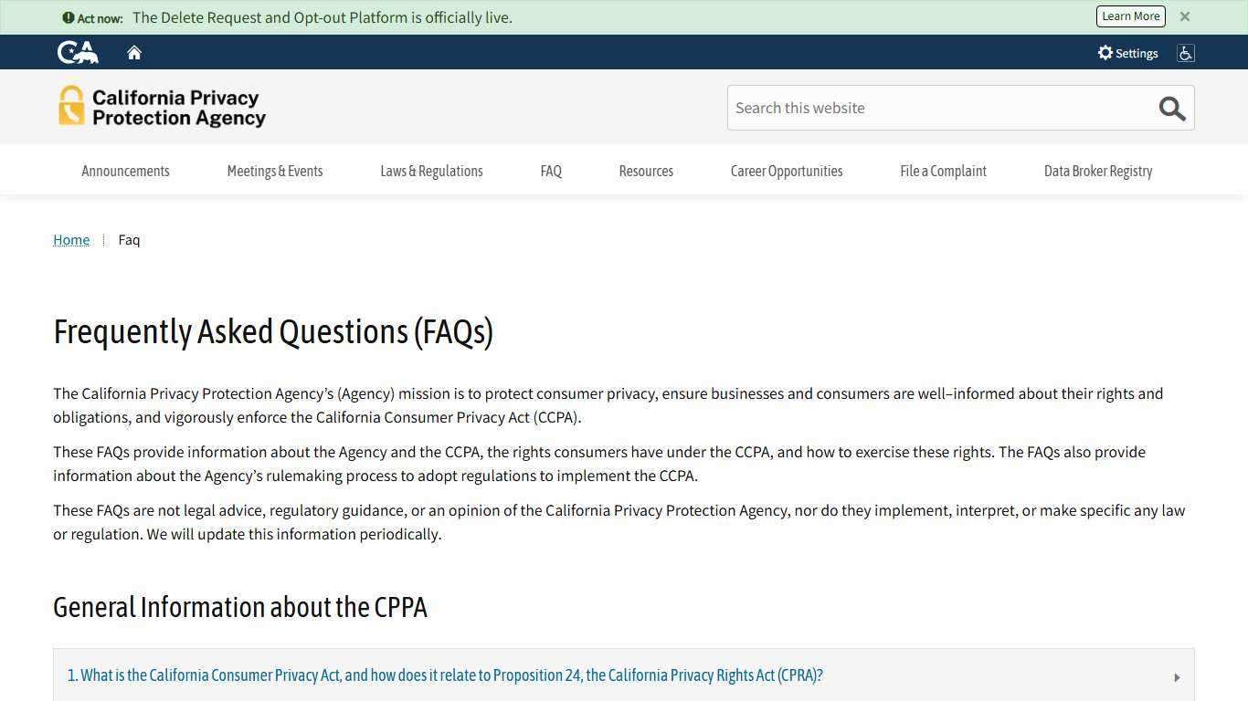 Frequently Asked Questions (FAQs) - California Privacy Protection Agency (CPPA)