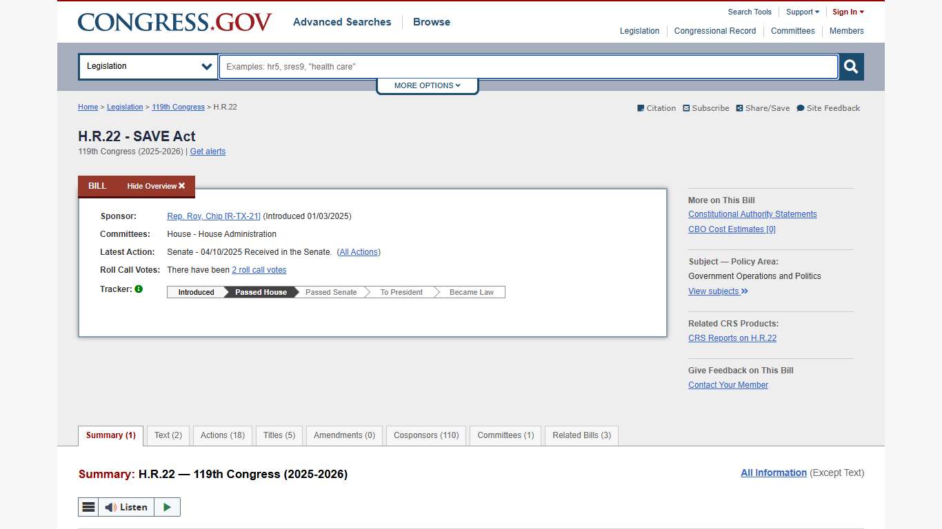 H.R.22 - 119th Congress (2025-2026): SAVE Act | Congress.gov | Library of Congress